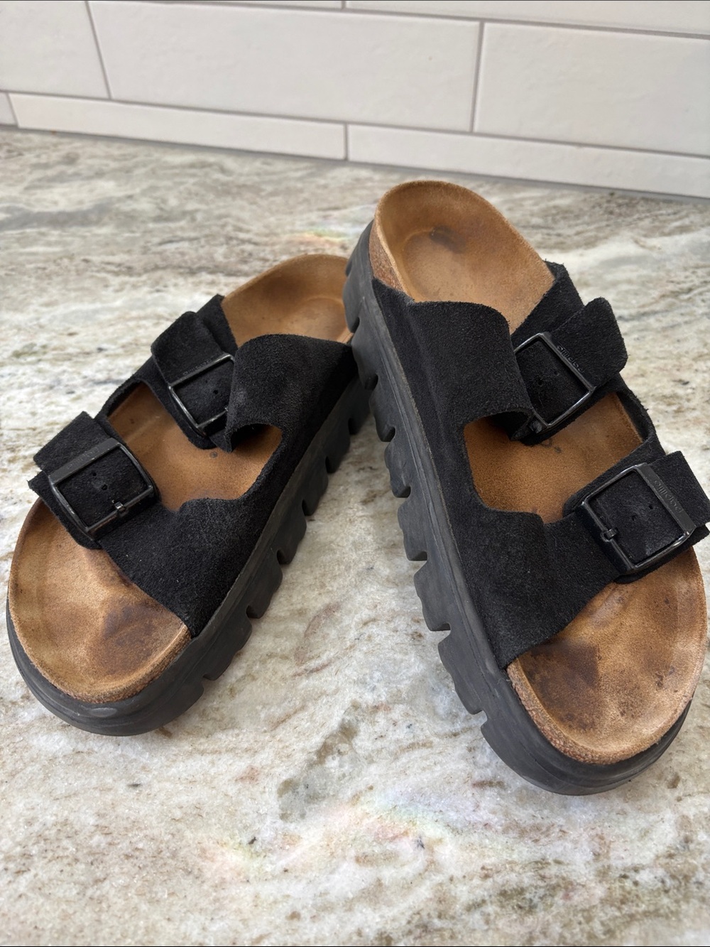 Papillio by Birkenstock Black Suede Double-Buckle Platform Sandals